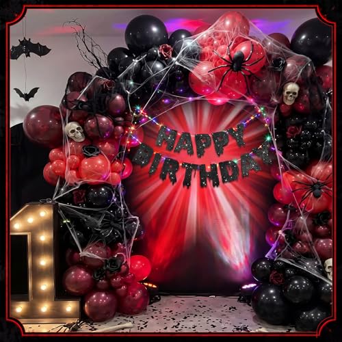 Halloween Gothic Birthday Banner with LED Lights - Black Glitter Celebration Decor