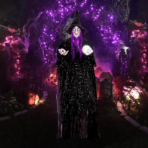 71-Inch Hanging Talking Animatronic Witch with Sound Activation and Glowing Eyes