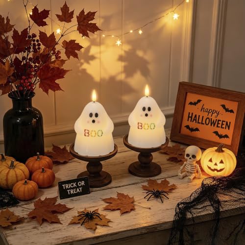 Halloween Ghost Flameless Candles with BOO - Colorful Variation, Remote Timer, Battery Operated