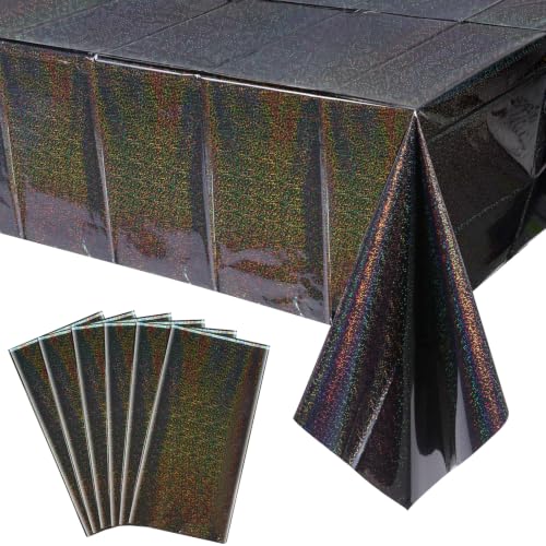 Black Iridescent Plastic Tablecloths - 6 Pack, 54x108 Inch Rectangular Party Covers