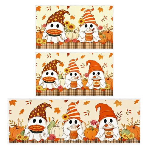 Fall Ghost Pumpkin Kitchen Mat Set of 2 Non Slip Washable Rug, Autumn Halloween Decor