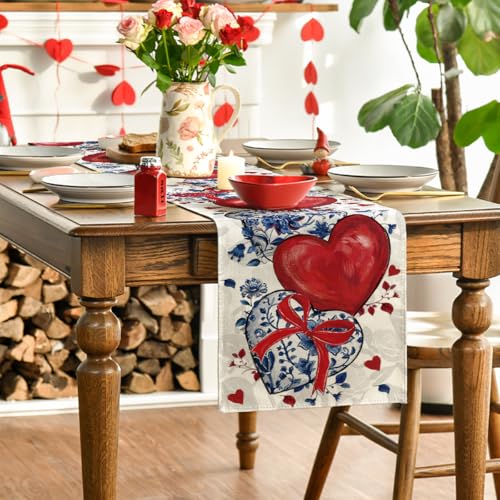 Hearts Bow Valentine's Table Runner 13x90 Inch Red Blue Home Decor