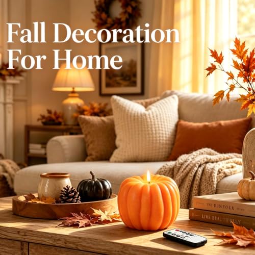 Orange Flameless Pumpkin Candle with Timer - LED Fall Decor for Mantel & Table Setting