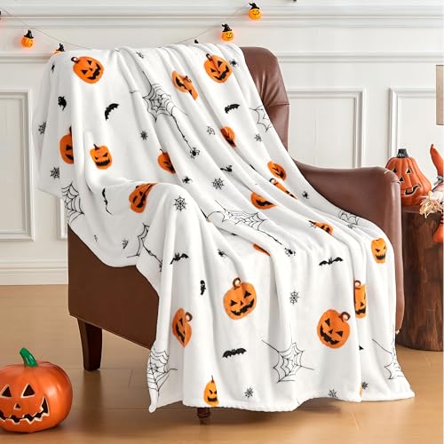 Halloween Throw Blanket 50x60 Inches - Spooky Pumpkin Bat Web Print Cozy Fuzzy Blanket for Couch Bed Kids & Adults - Variation of THIS listing 03 White