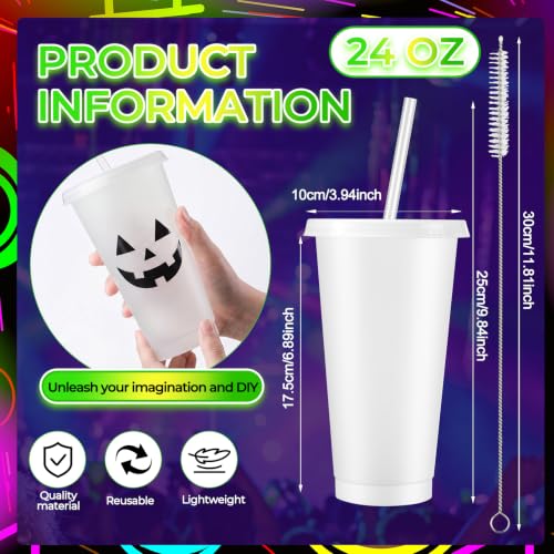 Glow in the Dark Plastic Cups with Lids & Straws - 24 oz, Fluorescent Green, 45 Pack - Halloween Party Supplies