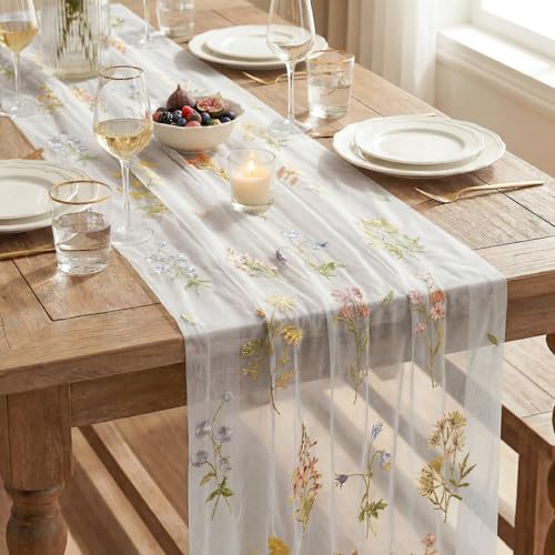 3PC White Gauze Embroidery Table Runner Set - 28 x 120 Inches, Spring Home Decor
