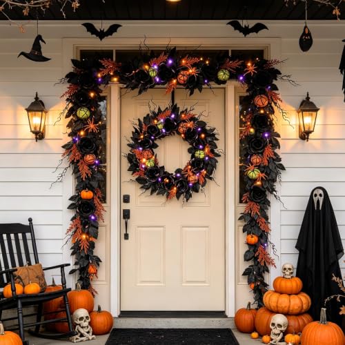 22-Inch Pre-Lit Halloween Wreath with 60 LED Lights for Front Door Decor