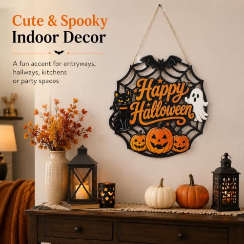 Halloween Door Sign - Wooden Spider Web Welcome Hanger with Ghost, Black Cat & Pumpkins - Farmhouse Fall Decor - Happy Halloween Variation