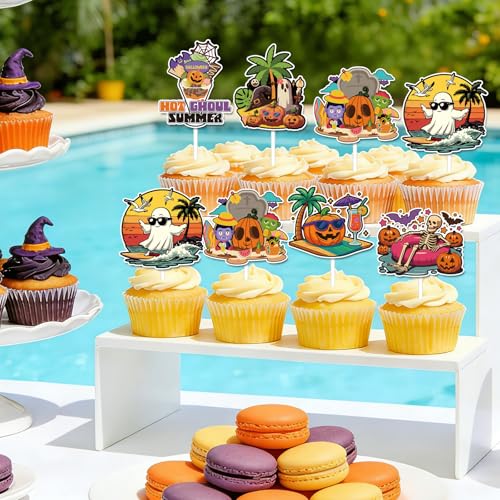 48Pcs Summer Halloween Cupcake Toppers - Beach Ghost Pumpkin Skeleton Decor