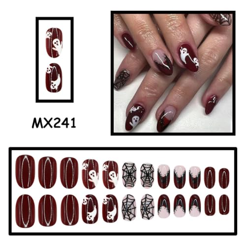 Halloween Press On Nails Medium Almond Burgundy Gradient Ghost Spider Web 30- - MJJNTTN