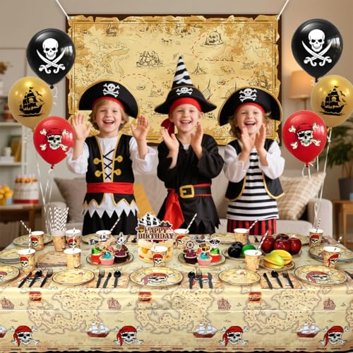 Pirate Party Decorations Kit for Kids - Plates, Cups, Napkins, Tablecloth, Balloons, Backdrop, Cake Toppers