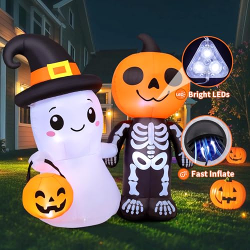5.4Ft Halloween Inflatable Ghost and Pumpkin Yard Decor with LEDs, Outdoor Garden Decoration
