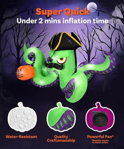 12FT Pirate Octopus Inflatable Halloween Yard Decoration with Lights - Outdoor Display