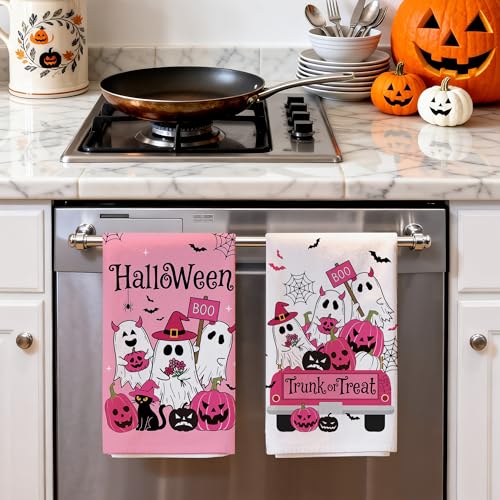Pink Halloween Kitchen Towels - Ghost Hand Towels, Spooky Decor, Hexagram