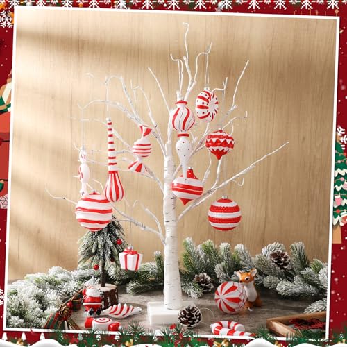 Red and White Christmas Ornaments Set - Candy Cane Holiday Decorations, Hand Painted, Shatterproof Plastic, 48 Pieces