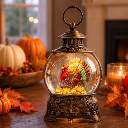 Fall Snow Globe Lantern - 10'' Thanksgiving Water Globe with Turkey in Pumpkin - Autumn Decor