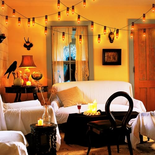 Orange String Lights - 25Ft C7 Outdoor Halloween Decor with 27 Bulbs - Black Wire, Waterproof