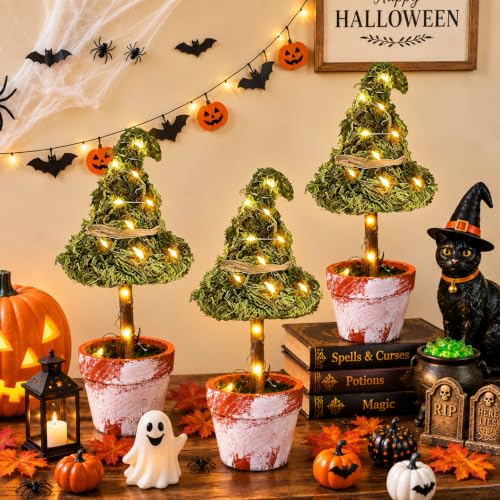 Halloween Witch Hat Topiary Decor with LED Lights - 3 Pieces, Woodland Style
