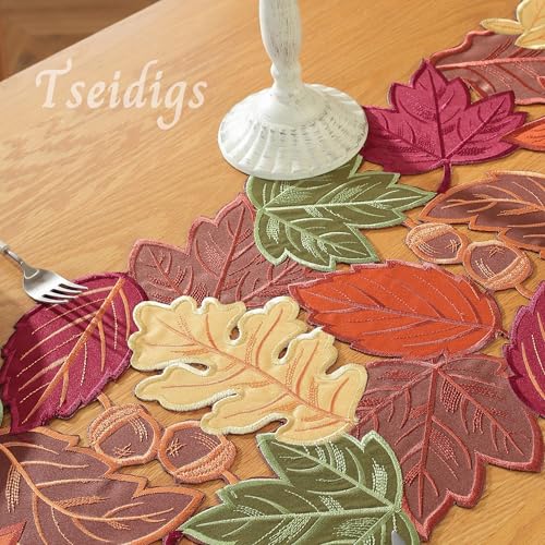 Fall Table Runner with Embroidered Maple Leaves - 36 Inches Long - Red & Green
