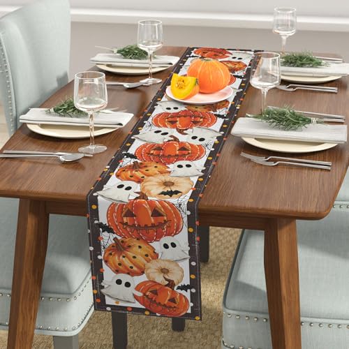 Halloween Table Runner Bat Ghost Pumpkins Web Pattern 13 x 108 Inch - Festive Fall Decor