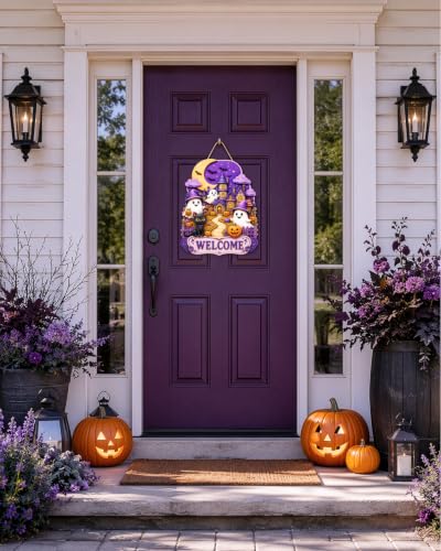 Halloween Wooden Wreath for Front Door - Purple Ghost Hanging Sign