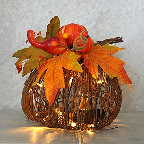 8-Inch Lighted Pumpkin Decor with Maple Leaves and Berries - Fall Table Centerpiece