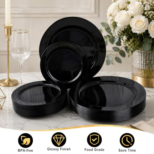 Black Plastic Disposable Plates Set 50 Pack - 25 Dinner & 25 Dessert Plates - Black / 50