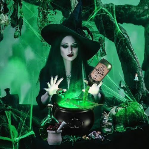 Green Halloween Cauldron Bowl with Skeleton and Fog Effect - Splashproof Decor