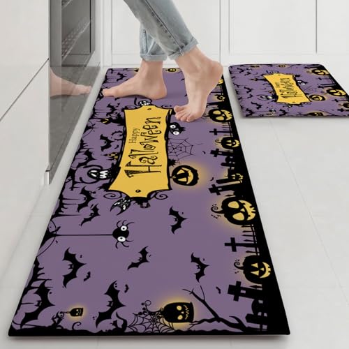 Halloween Kitchen Rugs Set of 2 - Purple Spooky Pumpkin & Black Cat Mat Non-Slip Washable