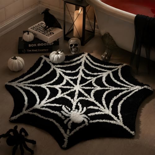 Ashler Halloween Spiderweb Bathroom Rug - Black Round 35.5x35.5in Non-Slip Gothic Decor