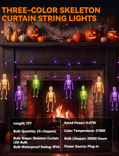 Skeleton Lights Halloween Skull String Lights - 7Ft Outdoor Purple & Orange LED Curtain with Variation