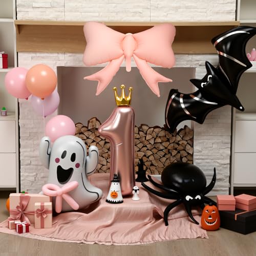 Halloween Birthday Balloon Set - Pink and Black with Bat and Ghost Variations, 12 Pcs