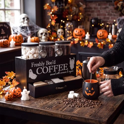 Halloween Coffee Bar Decor Set with Black Storage Box and Jars - Ghost Theme