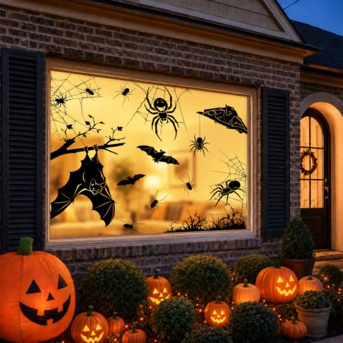 Halloween Window Clings Decorations - Extra Large Silhouette Spiders Bats Cobwebs, 5 Sheets, D Variation