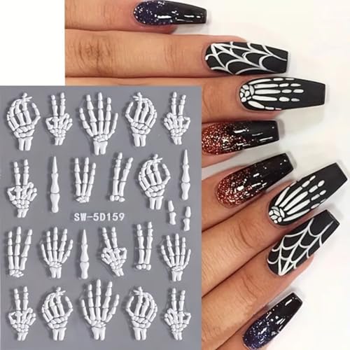 White Skeleton Halloween Nail Stickers - 5D Embossed Bone Skeleton Design - 2PCS