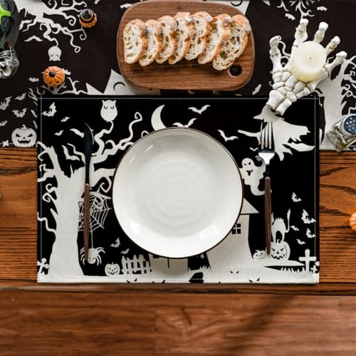 Halloween Haunted House Ghost Witch Placemats Set of 4 - 12x18 Inch Rectangular Black Seasonal Table Mats