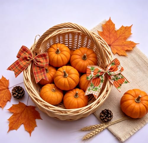 Fall Pumpkin & Buffalo Plaid Wreath Bows Set of 10 - Autumn Decor