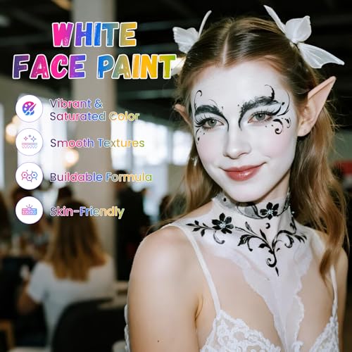 White Water Based Face Paint for Halloween, Vibrant & Fast-Drying 1.06 oz - Variation: White