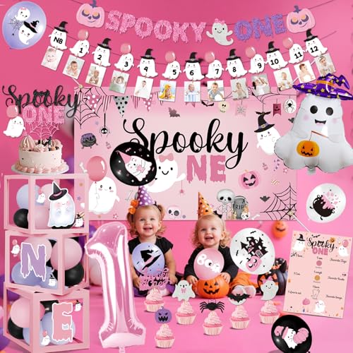 Halloween First Birthday Decorations Girl Pink Spooky Party Pack with Banner Balloons