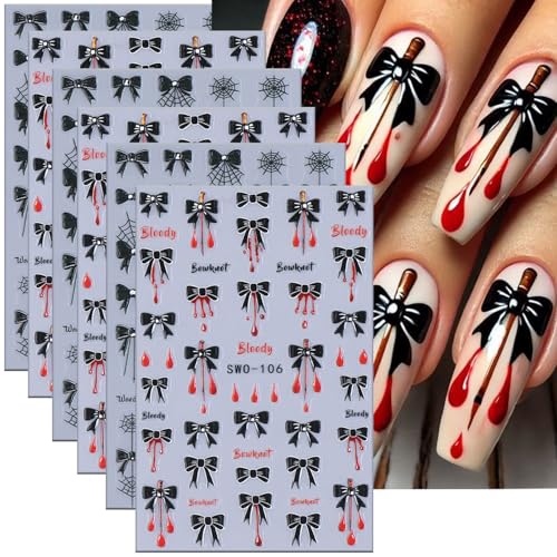 Halloween Nail Art Stickers Set - Black Bow Blood Drops 3D Self-Adhesive Decals
