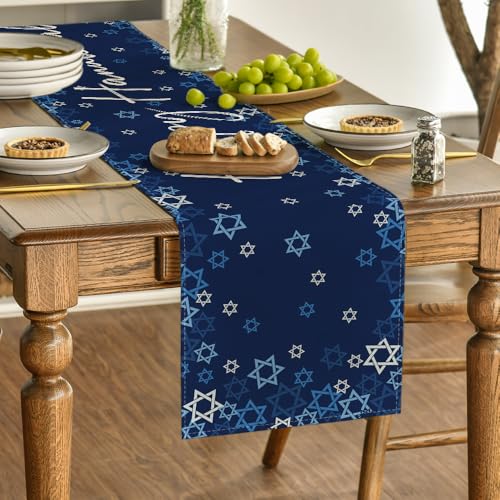 Blue Hexagram Hanukkah Table Runner 13x72 Inch - Holiday Kitchen Decor