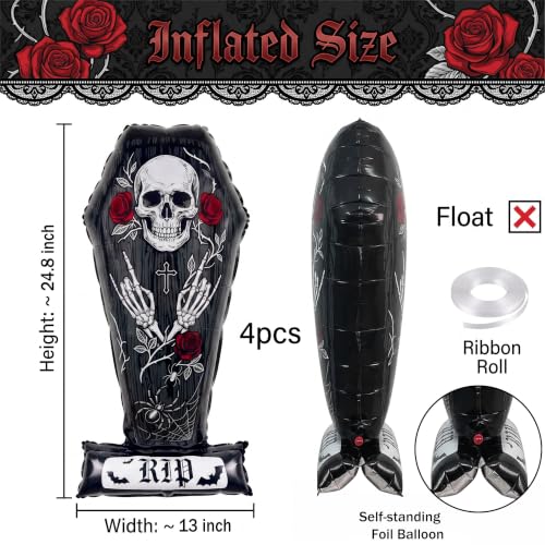 Halloween Coffin Balloons Set with RIP Base - Large Skeleton Foil Decor