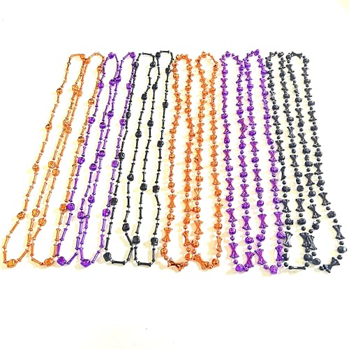 36PCS Halloween Skull Bead Necklaces - Black, Orange & Purple Party Decor
