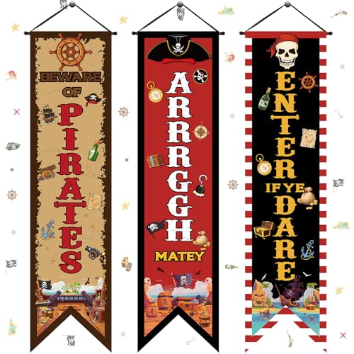 Pirate Party Decorations Banner Set - Beware of Pirates, Arrrggh Matey, Enter of Ye Dare - 3 Pieces, Pirate Theme Flags with Wooden Rod & Ribbons - Variation: 3 / Pirate