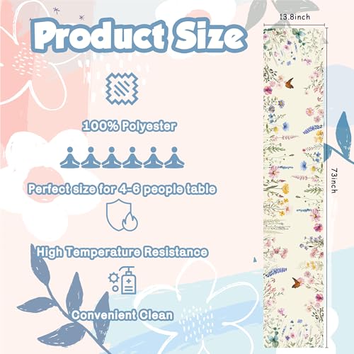 Spring Floral Table Runner - Daisy Eucalyptus Lavender Summer Table Decor - 73x13.8 Inch