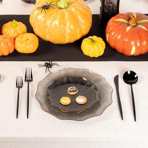 Halloween Spider Web Plastic Plates Set - Black with Gold Glitter, 60PCS