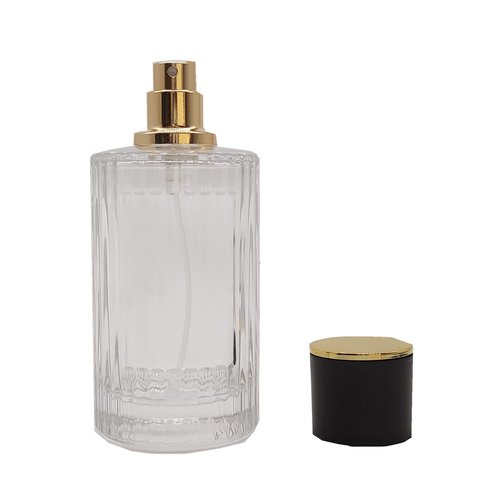 PimyRcyi Glass Spray Bottles for Perfume,3.4oz Empty Clear Vertical Stripes Round Fine Mist Spray Container 100ml,2PCS (Clear+Black)