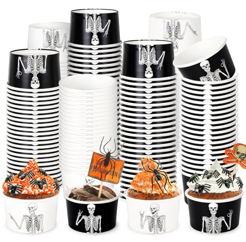 Halloween Skeleton Snack Cups - 50 Pack 8oz Disposable Black & White Party Bowls