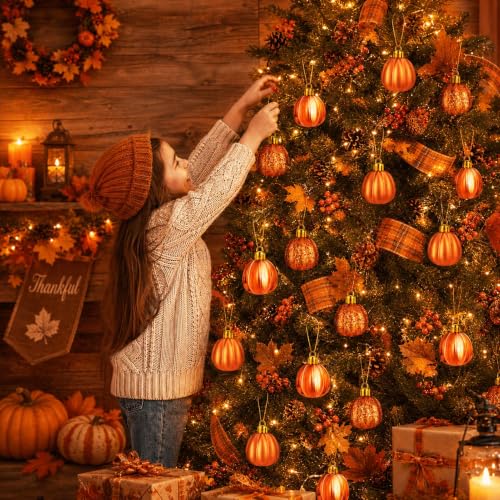 Orange Pumpkin Christmas Tree Ornaments Set of 24 - Fall & Thanksgiving Decor