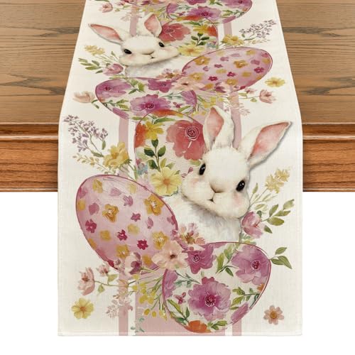 Easter Bunny Rabbit Table Runner 13x72 Inch Pink Seasonal Spring Floral Kitchen Decor